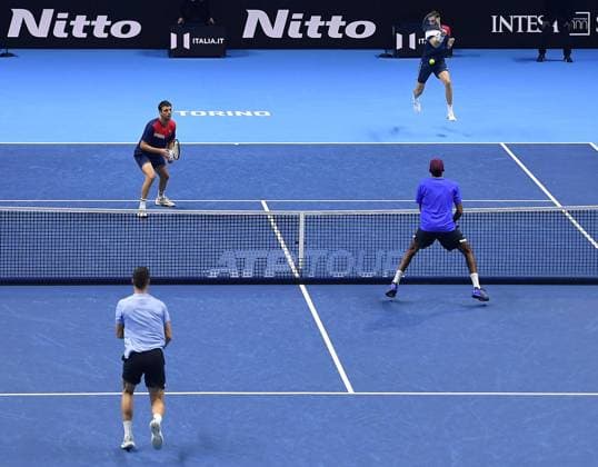 November 19, 2023, Turin, Italy: Rajeev Ram of USA and Joe Salisbury of Great Britain during the match against Marcel Granollers of Spain and Horacio Zeballos of Argentina at the Nitto ATP, Tennis Herren Finals tennis tournament in Turin, Italy, 19 November 2023. ANSA ALESSANDRO DI MARCO Nitto ATP Finals  - ZUMAa110 20231119_zaf_a110_033 Copyright: xAlessandroxDixMarcox