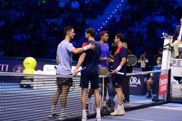Foto Marco Alpozzi LaPresse 19 Novembre 2023 Torino - Italia - - Tennis Nitto ATP, Tennis Herren Finals - final doubles match against - Marcel Granollers (ESP) e Horacio Granollers (ARG) vs Rajeev Ram (USA) e Joe Salisbury (GBR) Nella foto: saluti a fine match November 19, 2023 Turin - Italy - Sport - Tennis Nitto ATP Finals - final doubles match against Marcel Granollers (ESP) Horacio Zeballos (ARG) vs Rajeev Ram (USA) Joe Salisbury (GBR) In the pic: end of match  Copyright: xMarcoxAlpozzi LaPressex