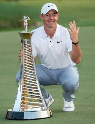 RORY MCILROY of Northern Ireland is posing with the trophy after winning Race to Dubai following DP World Tour Championship in Dubai, United Arab Emirates, Nov 19, 2023. Dubai United Arab Emirates  Copyright: xMARTINxDOKOUPILx 441_4637