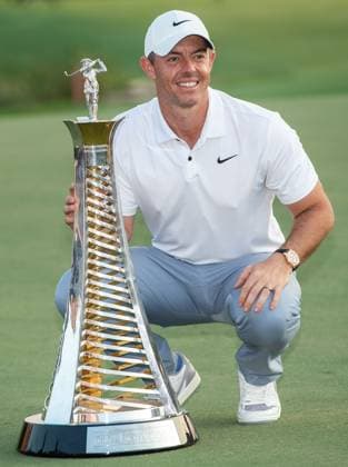 RORY MCILROY of Northern Ireland is posing with the trophy after winning Race to Dubai following DP World Tour Championship in Dubai, United Arab Emirates, Nov 19, 2023. Dubai United Arab Emirates  Copyright: xMARTINxDOKOUPILx 441_4645