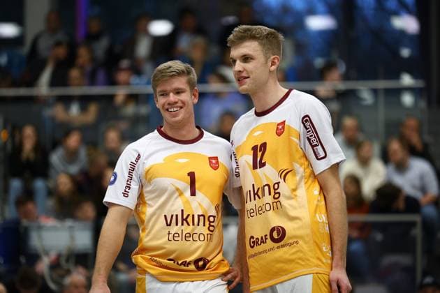 Volleyball I Men I Season 2023 2024 I 2 Bundesliga Nord I 7 Matchday I Kieler TV PSV Neustrelitz I 19 11 2023 Laughter and joy for Mattis Lehmann 1, Kieler TV Adler and Daniel D Argento 12, Kieler TV Adler Kiel Hein Dahlinger Halle Schleswig Holstein Germany Copyright: xLobeca JasperxLorenzx