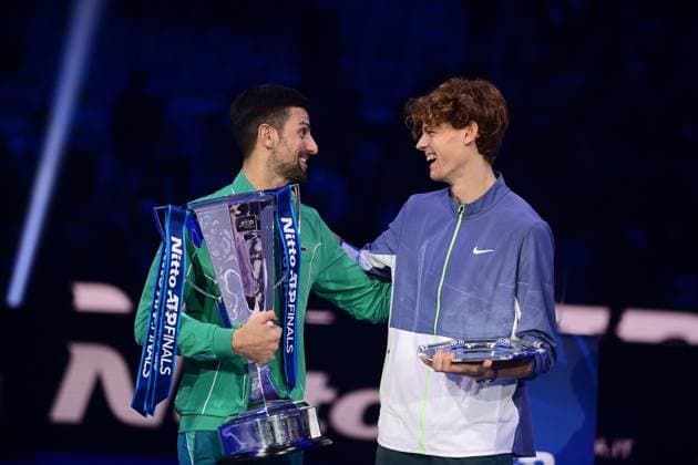Foto Marco Alpozzi LaPresse 19 Novembre 2023 Torino - Italia - - Tennis Nitto ATP, Tennis Herren Finals - Finale singolo maschile - Jannik SINNER (ITA) vs Novak DJOKOVIC (SRB) Nella foto: Novak DJOKOVIC festeggia con il trofeo dopo aver vinto la finale di singolare maschile contro Jannik SINNER November 19, 2023 Turin - Italy - Sport - Tennis Nitto ATP Finals - men singles final Jannik SINNER (ITA) vs Novak DJOKOVIC (SRB) In the pic: Novak DJOKOVIC celebrates with the trophy after winning the men s singles final against Jannik SINNER  Copyright: xMarcoxAlpozzi LaPressex