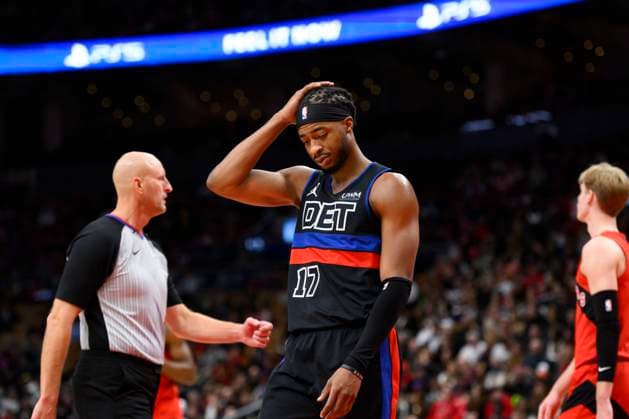 November 19, 2023, TORONTO, ON, CANADA: Detroit Pistons guard Stanley Umude (17) reacts during second half NBA, Basketball Herren, USA basketball action against the Toronto Raptors, in Toronto, Sunday, Nov. 19, 2023. Canada News - November 19, 2023  - ZUMAc35_ 20231119_zaf_c35_082 Copyright: xChristopherxKatsarovx