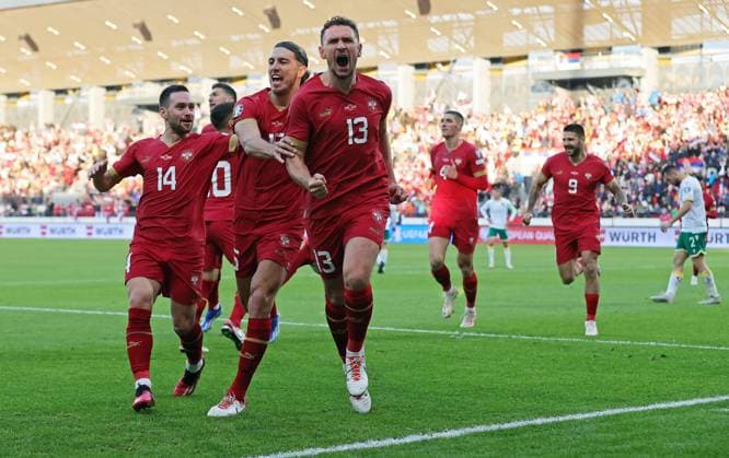 (231120) -- LESKOVAC, Nov. 20, 2023 -- Serbia s Milos Veljkovic (R, front) celebrates a goal during the Group G UEFA EURO, EM, Europameisterschaft,Fussball 2024 qualifying football match between Serbia and Bulgaria in Leskovac, Serbia on Nov. 19, 2023. (Photo by Xinhua) (SP)SERBIA-LESKOVAC-UEFA EURO 2024 QUALIFICATIONS-SERBIA VS BULGARIA PredragxMilosavljevic 