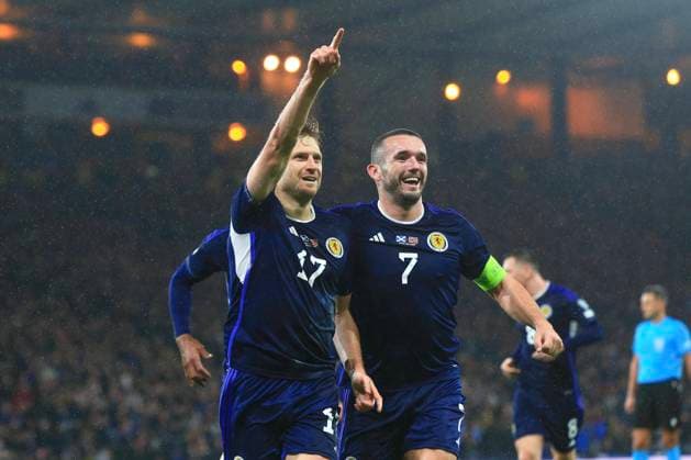 19th November 2023; Hampden Park, Glasgow, Scotland: Euro 2024 Qualifier Football, Scotland versus Norway; Stuart Armstrong of Scotland celebrates after scoring for 3-2 with John McGinn  ActionPlus12577879 DavidxYoung
