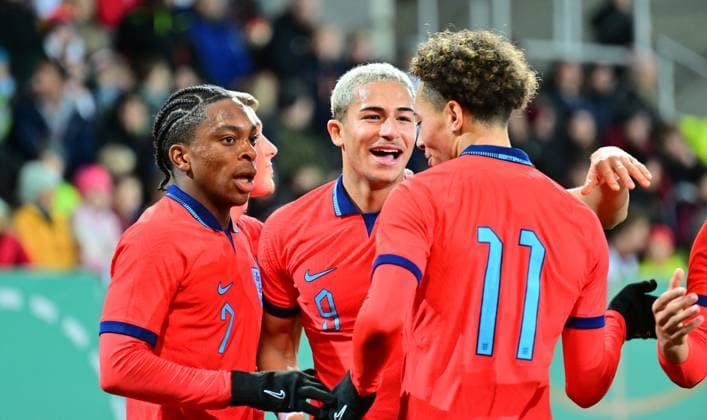 20 11 2023 Soccer German national football team national team of the U20 juniors DFB international match Germany gg England xwoxzix goal celebration joy after goal goal shot to 1 1 by Mateo Joseph 9, England de7 Mateo Joseph 9, England Sam Edozie 11, England