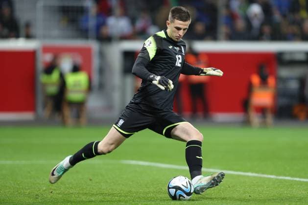 Germany, Leverkusen, 20 11 2023, BayArena, Ukraine vs Italy UEFA EURO 2024 European Qualifiers Group C, Goalkeeper Anatoliy Trubin Ukraine controls the ball Leverkusen BayArena North Rhine Westfalia Germany  eu-images-678
