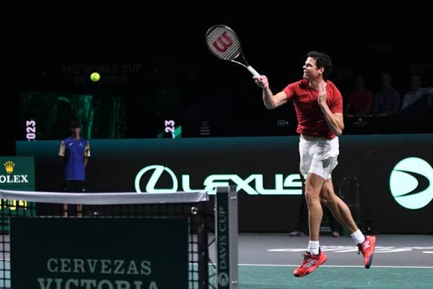 RECORD DATE NOT STATED Canada s Milos Raonic in action against Finland s Patrick Kaukovalta during the Finals Davis Cup 2023 match Canada vs Finland at thePalacio Martin Carpena, Spain in Malaga on November 21, 2023 Copyright: xAndreaxRositox DSC_1862