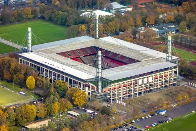 Aerial view, Bundesliga stadium RheinEnergieStadion of 1 FC Köln, formerly Müngersdorfer Stadion soccer field and training grounds surrounded by autumnal deciduous trees, Müngersdorf, Cologne, Rhineland, North Rhine-Westphalia, Germany ACHTUNGxMINDESTHONORARx60xEURO