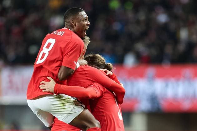 SOCCER - AUT vs GER, test match VIENNA,AUSTRIA,21.NOV.23 - SOCCER - OEFB International Friendly, Länderspiel, Nationalmannschaft match, Austria vs Germany. Image shows the rejoicing of AUT with David Alaba (AUT).  GEPAxpictures xArminxRauthner