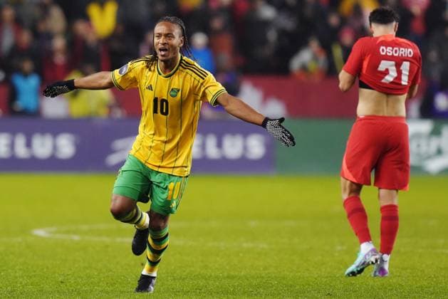 November 21, 2023, Toronto, ON, Canada: Jamaica s Bobby Reid (10) celebrates after defeating Canada as Jonathan Osorio (21) reacts following CONCACAF Nations League quarterfinal soccer action in Toronto on Tuesday, November 21, 2023. Canada News - November 21, 2023  - ZUMAc35_ 20231121_zaf_c35_217 Copyright: xChrisxYoungx