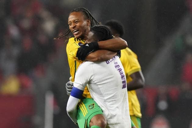 November 21, 2023, TORONTO, ON, CAN: Jamaica s Bobby Reid (left) celebrates after defeating Canada with goalkeeper Andre Blake in CONCACAF Nations League quarterfinal soccer action in Toronto on Tuesday, November 21, 2023. Bobby Reid ; Andre Blake  - ZUMAc35_ 20231121_zaf_c35_220 Copyright: xChrisxYoungx