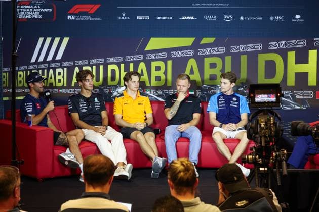 press conference, PK, Pressekonferenz RICCIARDO Daniel (aus), Scuderia AlphaTauri AT04, RUSSELL George (gbr), Mercedes AMG F1 Team W14, PIASTRI Oscar (aus), McLaren F1 Team MCL60, MAGNUSSEN Kevin (den), Haas F1 Team VF-23 Ferrari, SARGEANT Logan (usa), Williams Racing FW45, portrait during the 2023 Formula 1 Etihad Airways Abu Dhabi Grand Prix, 22th round of the 2023 Formula One World Championship, WM, Weltmeisterschaft from November 24 to 26, 2023 on the Yas Marina Circuit, in Abu Dhabi - F1 - ABU DHABI GRAND PRIX 2023 DPPI Panoramic  00123047_G0OD7514