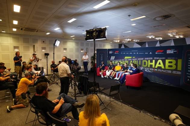 press conference, PK, Pressekonferenz RICCIARDO Daniel (aus), Scuderia AlphaTauri AT04, RUSSELL George (gbr), Mercedes AMG F1 Team W14, PIASTRI Oscar (aus), McLaren F1 Team MCL60, MAGNUSSEN Kevin (den), Haas F1 Team VF-23 Ferrari, SARGEANT Logan (usa), Williams Racing FW45, portrait during the 2023 Formula 1 Etihad Airways Abu Dhabi Grand Prix, 22th round of the 2023 Formula One World Championship, WM, Weltmeisterschaft from November 24 to 26, 2023 on the Yas Marina Circuit, in Abu Dhabi - F1 - ABU DHABI GRAND PRIX 2023 DPPI Panoramic  00123047_GOOD9534