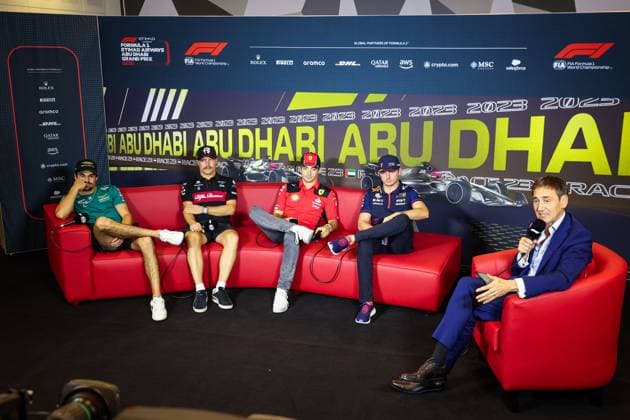 press conference, PK, Pressekonferenz STROLL Lance (can), Aston Martin F1 Team AMR23, BOTTAS Valtteri (fin), Alfa Romeo F1 Team Stake C43, LECLERC Charles (mco), Scuderia Ferrari SF-23, VERSTAPPEN Max (ned), Red Bull Racing RB19, portrait during the 2023 Formula 1 Etihad Airways Abu Dhabi Grand Prix, 22th round of the 2023 Formula One World Championship, WM, Weltmeisterschaft from November 24 to 26, 2023 on the Yas Marina Circuit, in Abu Dhabi - F1 - ABU DHABI GRAND PRIX 2023 DPPI Panoramic 00123047_GOOD9558