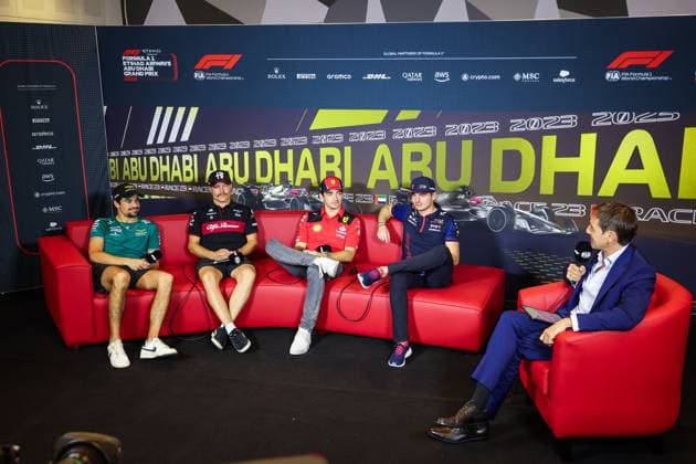press conference, PK, Pressekonferenz STROLL Lance (can), Aston Martin F1 Team AMR23, BOTTAS Valtteri (fin), Alfa Romeo F1 Team Stake C43, LECLERC Charles (mco), Scuderia Ferrari SF-23, VERSTAPPEN Max (ned), Red Bull Racing RB19, portrait during the 2023 Formula 1 Etihad Airways Abu Dhabi Grand Prix, 22th round of the 2023 Formula One World Championship, WM, Weltmeisterschaft from November 24 to 26, 2023 on the Yas Marina Circuit, in Abu Dhabi - F1 - ABU DHABI GRAND PRIX 2023 DPPI Panoramic 00123047_GOOD9573