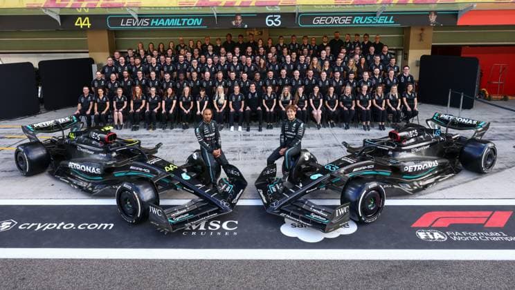 Photo of the Mercedes AMG Petronas F1 Team with 44 Lewis Hamilton GBR, Mercedes AMG Petronas F1 Team and 63 George Russell GBR, Mercedes AMG Petronas F1 Team , F1 Grand Prix of Abu Dhabi at Yas Marina Circuit on November 23, 2023 in Abu Dhabi, United Arab Emirates Photo by HOCH ZWEI Abu Dhabi United Arab Emirates
