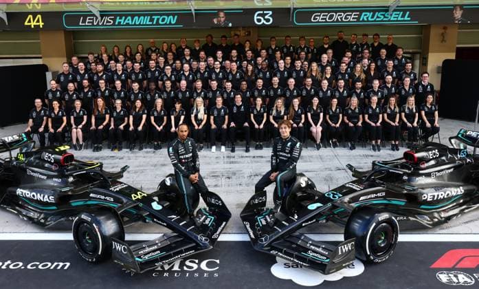 Photo of the Mercedes AMG Petronas F1 Team with 44 Lewis Hamilton GBR, Mercedes AMG Petronas F1 Team and 63 George Russell GBR, Mercedes AMG Petronas F1 Team , F1 Grand Prix of Abu Dhabi at Yas Marina Circuit on November 23, 2023 in Abu Dhabi, United Arab Emirates Photo by HOCH ZWEI Abu Dhabi United Arab Emirates