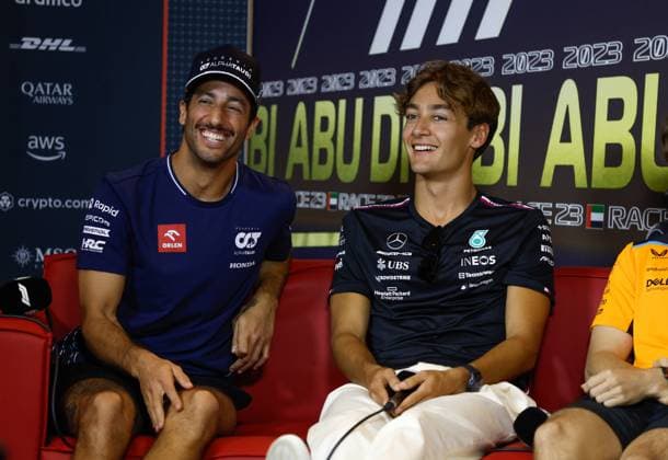 3 Daniel Ricciardo AUS, Scuderia AlphaTauri , 63 George Russell GBR, Mercedes AMG Petronas F1 Team , F1 Grand Prix of Abu Dhabi at Yas Marina Circuit on November 23, 2023 in Abu Dhabi, United Arab Emirates Photo by HOCH ZWEI Abu Dhabi United Arab Emirates