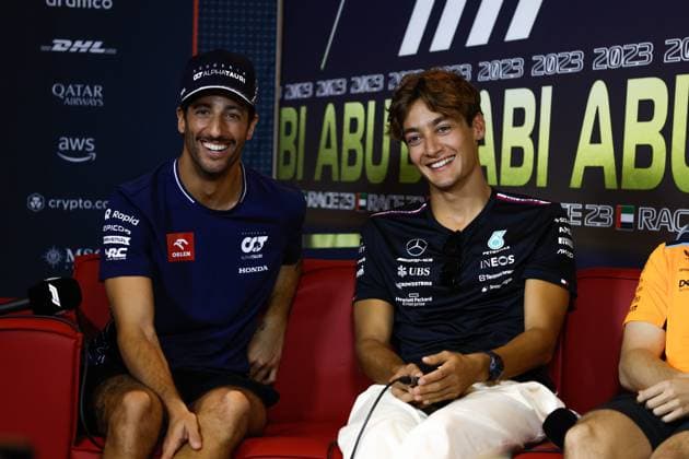 3 Daniel Ricciardo AUS, Scuderia AlphaTauri , 63 George Russell GBR, Mercedes AMG Petronas F1 Team , F1 Grand Prix of Abu Dhabi at Yas Marina Circuit on November 23, 2023 in Abu Dhabi, United Arab Emirates Photo by HOCH ZWEI Abu Dhabi United Arab Emirates