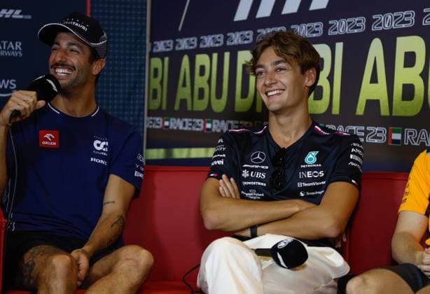 3 Daniel Ricciardo AUS, Scuderia AlphaTauri , 63 George Russell GBR, Mercedes AMG Petronas F1 Team , F1 Grand Prix of Abu Dhabi at Yas Marina Circuit on November 23, 2023 in Abu Dhabi, United Arab Emirates Photo by HOCH ZWEI Abu Dhabi United Arab Emirates
