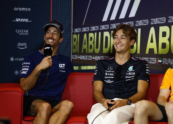 3 Daniel Ricciardo AUS, Scuderia AlphaTauri , 63 George Russell GBR, Mercedes AMG Petronas F1 Team , F1 Grand Prix of Abu Dhabi at Yas Marina Circuit on November 23, 2023 in Abu Dhabi, United Arab Emirates Photo by HOCH ZWEI Abu Dhabi United Arab Emirates
