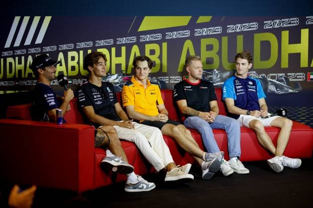 3 Daniel Ricciardo AUS, Scuderia AlphaTauri , 63 George Russell GBR, Mercedes AMG Petronas F1 Team , 81 Oscar Piastri AUS, McLaren F1 Team , 20 Kevin Magnussen DNK, MoneyGram Haas F1 Team , 2 Logan Sargeant USA, Williams Racing , F1 Grand Prix of Abu Dhabi at Yas Marina Circuit on November 23, 2023 in Abu Dhabi, United Arab Emirates Photo by HOCH ZWEI Abu Dhabi United Arab Emirates