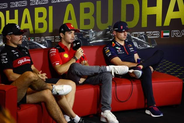 77 Valtteri Bottas FIN, Alfa Romeo F1 Team Stake , 16 Charles Leclerc MCO, Scuderia Ferrari , 1 Max Verstappen NLD, Oracle Red Bull Racing , F1 Grand Prix of Abu Dhabi at Yas Marina Circuit on November 23, 2023 in Abu Dhabi, United Arab Emirates Photo by HOCH ZWEI Abu Dhabi United Arab Emirates