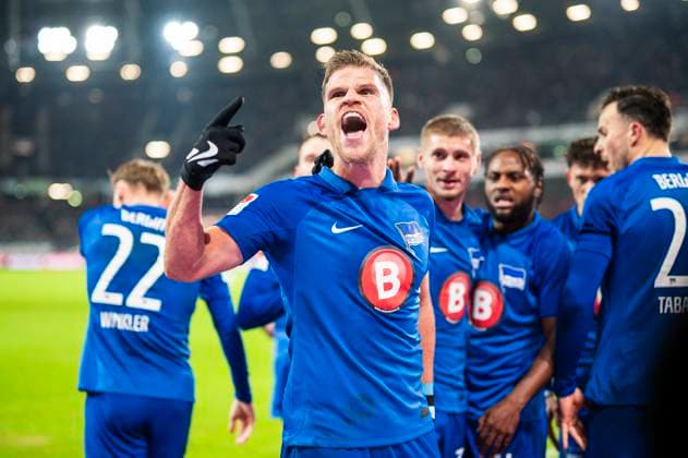 24 11 2023 Soccer, 2023 2024, 2 Bundesliga, Matchday 14, Hannover 96 Hertha BSC Berlin Florian Niederlechner Berlin cheers after his goal to 0 1 DFL REGULATIONS PROHIBIT ANY USE OF PHOTOGRAPHS AS IMAGE SEQUENCES AND OR QUASI VIDEO Hannover Lower Saxony Germany Heinz von Heiden Arena