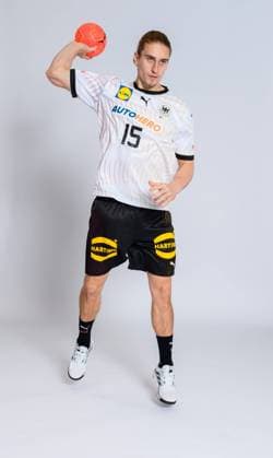 Muenchen, Germany October 29, 2023 Handball DHB photo shoot Juri Knorr Germany portrait, full body, picture, single, solo, alone, Muenchen Bavaria Germany
