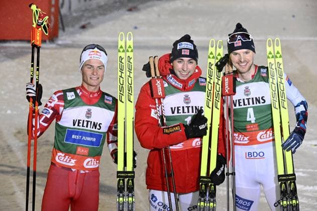 Bilder des Jahres 2023, Sport 11 November Sport Themen der Woche KW47 Second placed Johannes Lampater of Austria, winner Jarl Magnus Riiber of Norway and third placed Jörgen Graabak of Norway pose after men s Nordic Combined 10km Individual Gundersen cross-country skiing competition at the FIS World Cup Ruka Nordic Opening event in Kuusamo, Finland, on November 25, 2023. Kuusamo Finland LKFTJK20231125154714DJRH  Copyright: xHeikkixSaukkomaax LKFTJK20231125154714DJRH