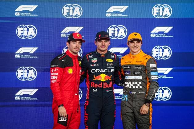 LECLERC Charles (mco), Scuderia Ferrari SF-23, VERSTAPPEN Max (ned), Red Bull Racing RB19, PIASTRI Oscar (aus), McLaren F1 Team MCL60, portrait during the 2023 Formula 1 Etihad Airways Abu Dhabi Grand Prix, 22th round of the 2023 Formula One World Championship, WM, Weltmeisterschaft from November 24 to 26, 2023 on the Yas Marina Circuit, in Abu Dhabi - F1 - ABU DHABI GRAND PRIX 2023 DPPI Panoramic  00123047_G0OD4117