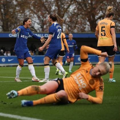 CJ Bott of Leicester City Women is upset as Sam Kerr of Chelsea Women celebrates scoring to make the scores 3-1 during the FA Women s Super League match between Chelsea Women and Leicester City Women at Kingsmeadow Stadium, Kingston, England on 26 November 2023. Copyright: xKenxSparksx 39120009