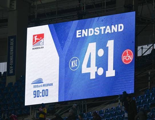 Final score on the scoreboard, 4 1 for Karlsruhe vs Nuernberg, GER, Karlsruher SC vs 1 FC Nuernberg, Sport, Football, Men, 2 Bundesliga, Matchday 14, Season 2023 2024, 26 11 2023, DFL REGULATES PROHIBIT ANY USE OF PHOTOGRAPHS AS IMAGE SEQUENCES AND OR QUASI VIDEO GER, Karlsruher SC vs 1 FC Nuernberg, Sport, Football, Men, 2 Bundesliga, Matchday 14, Season 2023 2024, 26 11 2023, Karlsruhe Copyright: xEibner-Pressefoto SilasxSchuellex EP_SSR