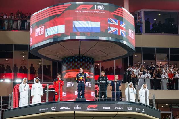 BEN SULAYEM Mohammed (uae), President of the FIA, LECLERC Charles (mco), Scuderia Ferrari SF-23, VERSTAPPEN Max (ned), Red Bull Racing RB19, RUSSELL George (gbr), Mercedes AMG F1 Team W14, portrait, during the 2023 Formula 1 Etihad Airways Abu Dhabi Grand Prix, 22th round of the 2023 Formula One World Championship, WM, Weltmeisterschaft from November 24 to 26, 2023 on the Yas Marina Circuit, in Abu Dhabi - F1 - ABU DHABI GRAND PRIX 2023 - RACE DPPI Panoramic  00123048_G0OD6494
