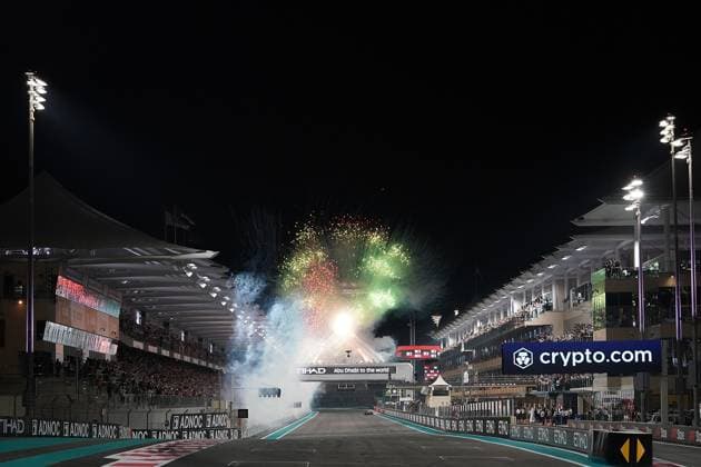 26 11 2023, Yas Marina Circuit, Abu Dhabi, Formula 1 Etihad Airways Abu Dhabi Grand Prix 2023 , in the picture winner Max Verstappen NLD , Oracle Red Bull Racing crosses the finish line, big fireworks over the track Abu Dhabi Yas Marina Circuit United Arab Emirates  eu-images-506