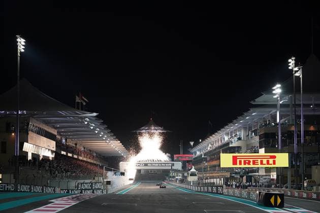 Formula 1 Etihad Airways Abu Dhabi Grand Prix 2023 26 11 2023, Yas Marina Circuit, Abu Dhabi, Formula 1 Etihad Airways Abu Dhabi Grand Prix 2023 , in the picture winner Max Verstappen NLD , Oracle Red Bull Racing crosses the finish line, big fireworks over the track nordphotoxGmbHx xBratic nph00250