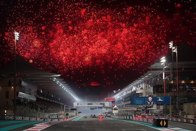 Formula 1 Etihad Airways Abu Dhabi Grand Prix 2023 26 11 2023, Yas Marina Circuit, Abu Dhabi, Formula 1 Etihad Airways Abu Dhabi Grand Prix 2023 , in the picture winner Max Verstappen NLD , Oracle Red Bull Racing crosses the finish line, big fireworks over the track nordphotoxGmbHx xBratic nph00250