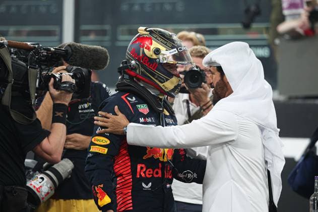 1 Max Verstappen NLD, Oracle Red Bull Racing , Mohammed Ben Sulayem UAE, FIA President , F1 Grand Prix of Abu Dhabi at Yas Marina Circuit on November 26, 2023 in Abu Dhabi, United Arab Emirates Photo by HOCH ZWEI Abu Dhabi United Arab Emirates