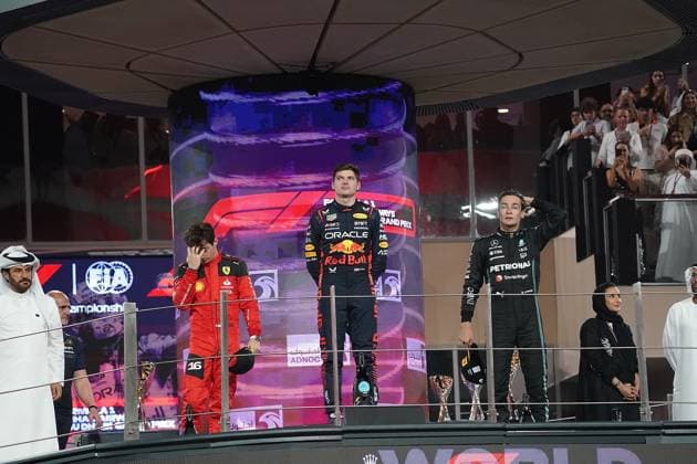 26 11 2023, Yas Marina Circuit, Abu Dhabi, Formula 1 Etihad Airways Abu Dhabi Grand Prix 2023 , in the picture podium winner Max Verstappen NLD , Oracle Red Bull Racing, 2nd place for Charles Leclerc MCO , Scuderia Ferrari, 3rd place for George Russell GBR , Mercedes AMG Petronas F1 Team Abu Dhabi Yas Marina Circuit United Arab Emirates  eu-images-506