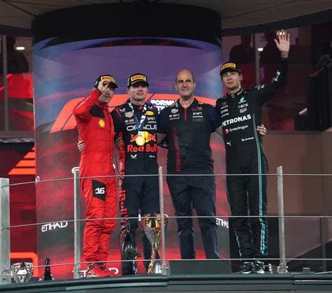 26 11 2023, Yas Marina Circuit, Abu Dhabi, Formula 1 Etihad Airways Abu Dhabi Grand Prix 2023 , in the picture podium winner Max Verstappen NLD , Oracle Red Bull Racing, 2nd place for Charles Leclerc MCO , Scuderia Ferrari, 3rd place for George Russell GBR , Mercedes AMG Petronas F1 Team Abu Dhabi Yas Marina Circuit United Arab Emirates  eu-images-506