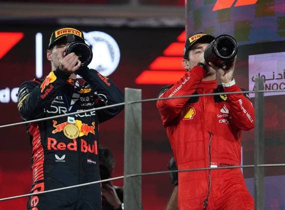 Formula 1 Etihad Airways Abu Dhabi Grand Prix 2023 26 11 2023, Yas Marina Circuit, Abu Dhabi, Formula 1 Etihad Airways Abu Dhabi Grand Prix 2023 , in the picture podium winner Max Verstappen NLD , Oracle Red Bull Racing, 2nd place for Charles Leclerc MCO , Scuderia Ferrari nordphotoxGmbHx xBratic nph00250
