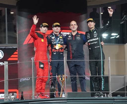Formula 1 Etihad Airways Abu Dhabi Grand Prix 2023 26 11 2023, Yas Marina Circuit, Abu Dhabi, Formula 1 Etihad Airways Abu Dhabi Grand Prix 2023 , in the picture podium winner Max Verstappen NLD , Oracle Red Bull Racing, 2nd place for Charles Leclerc MCO , Scuderia Ferrari, 3rd place for George Russell GBR , Mercedes AMG Petronas F1 Team nordphotoxGmbHx xBratic nph00250