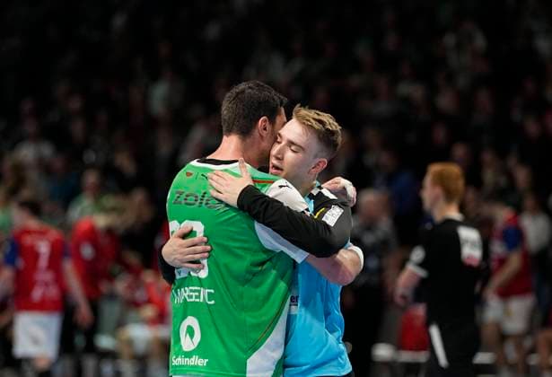 Germany, Berlin, 26 11 2023, Max Schmeling Halle , Füchse Berlin vs HSV Hamburg 1 Bundesliga, Lasse Ludwig Füchse Berlin and Mijajlo Marsenic Füchse Berlin with post game celebration Berlin Max Schmeling Halle Berlin Germany  eu-images-659