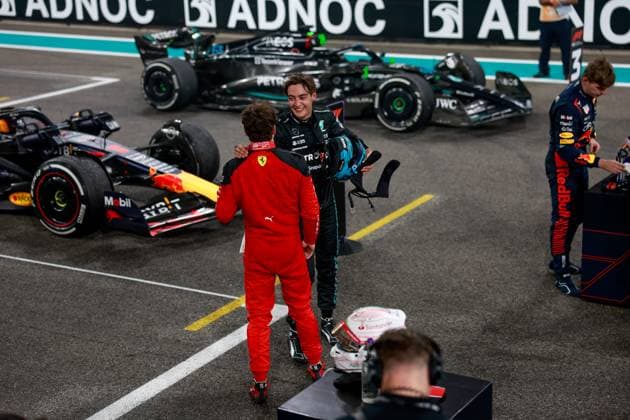 16 Charles Leclerc MCO, Scuderia Ferrari , 63 George Russell GBR, Mercedes AMG Petronas F1 Team , F1 Grand Prix of Abu Dhabi at Yas Marina Circuit on November 26, 2023 in Abu Dhabi, United Arab Emirates Photo by HOCH ZWEI Abu Dhabi United Arab Emirates
