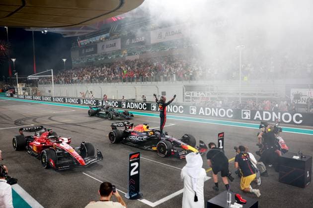 16 Charles Leclerc MCO, Scuderia Ferrari , 1 Max Verstappen NLD, Oracle Red Bull Racing , 63 George Russell GBR, Mercedes AMG Petronas F1 Team , F1 Grand Prix of Abu Dhabi at Yas Marina Circuit on November 26, 2023 in Abu Dhabi, United Arab Emirates Photo by HOCH ZWEI Abu Dhabi United Arab Emirates