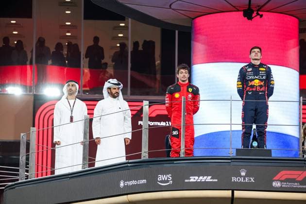 Mohammed Ben Sulayem UAE, FIA President , 16 Charles Leclerc MCO, Scuderia Ferrari , 1 Max Verstappen NLD, Oracle Red Bull Racing , F1 Grand Prix of Abu Dhabi at Yas Marina Circuit on November 26, 2023 in Abu Dhabi, United Arab Emirates Photo by HOCH ZWEI Abu Dhabi United Arab Emirates