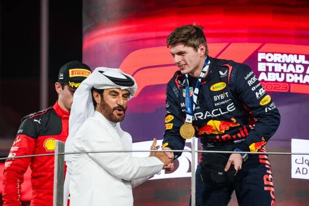 Mohammed Ben Sulayem UAE, FIA President , 1 Max Verstappen NLD, Oracle Red Bull Racing , F1 Grand Prix of Abu Dhabi at Yas Marina Circuit on November 26, 2023 in Abu Dhabi, United Arab Emirates Photo by HOCH ZWEI Abu Dhabi United Arab Emirates