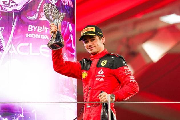 LECLERC Charles (mco), Scuderia Ferrari SF-23, portrait celebrates his second place on podium during the 2023 Formula 1 Etihad Airways Abu Dhabi Grand Prix, 22th round of the 2023 Formula One World Championship, WM, Weltmeisterschaft from November 24 to 26, 2023 on the Yas Marina Circuit, in Abu Dhabi - F1 - ABU DHABI GRAND PRIX 2023 - RACE DPPI Panoramic  F12023GP23ABU_HZ_9373