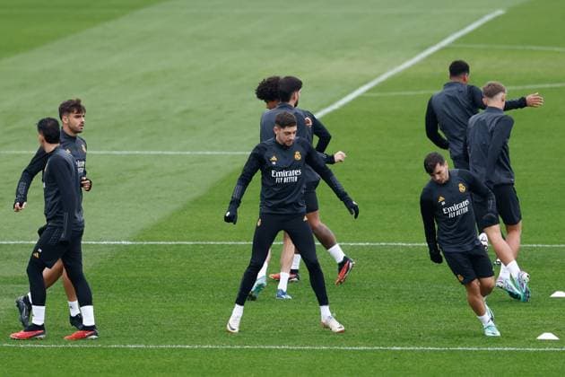 November 28, 2023, VALDEBEBAS, MADRID, SPAIN: Federico Valverde and Brahim Diaz during the training day before the UEFA Champions League, Group C, football match to play between Real Madrid and SSC Napoli at Ciudad Deportiva Real Madrid on November 28, 2023, in Valdebebas, Madrid, Spain. VALDEBEBAS SPAIN - ZUMAa181 20231128_zaa_a181_002 Copyright: xOscarxJ.xBarrosox